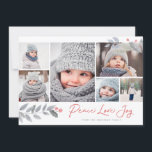 Cartes Pour Fêtes Annuelles Peace Love Joy Berry Christmas Multi-Photo Collage<br><div class="desc">Cette carte fantaisiste et festive de 6 photos de vacances comprend un collage photo,  floral et dit "Peace Love Joy" dans un script de brosse moderne. Est accompagné d'un motif correspondant sur le dos.</div>
