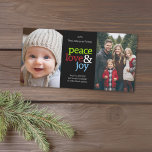 Cartes Pour Fêtes Annuelles Peace Love Joy Christmas 2 Photo Collage<br><div class="desc">Un design de Noël minimal avec 2 photos. L'arrière - plan noir peut être changé. Customisez ceci avec 2 photos verticales,  l'année,  le nom de famille et un message personnel.</div>