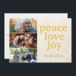 Cartes Pour Fêtes Annuelles Peace Love Joy Gold Typography Photo Christmas<br><div class="desc">Simple modern Peace Love Joy Gold Typography Photo Christmas Holiday Card you can give your friends this holiday Christmas season. Design has three photos to include many family members including pets!</div>