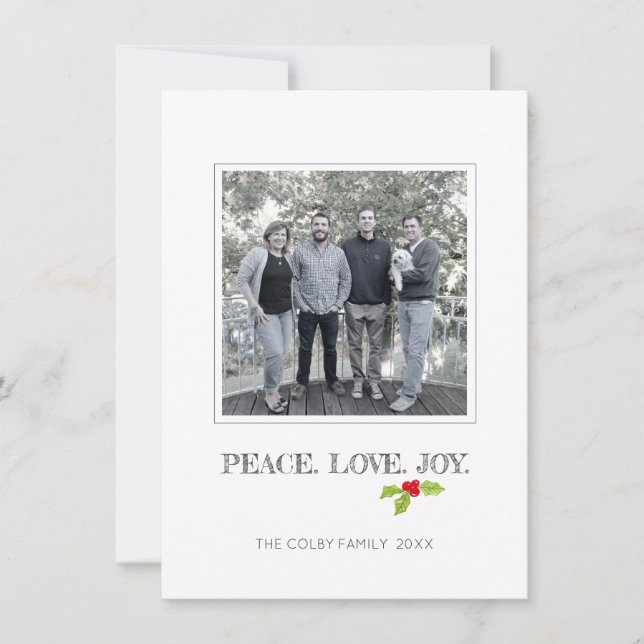 Cartes Pour Fêtes Annuelles Peace Love Joy Holly Joyeux Noël Holiday Photo (Devant)