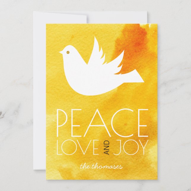 Cartes Pour Fêtes Annuelles Peace love joy jaune aquarelle & colombe Noël (Devant)