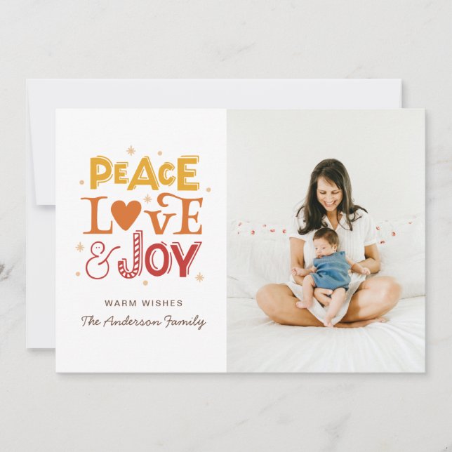 Cartes Pour Fêtes Annuelles Peace Love Joy. Photo de Noël d'hiver (Devant)