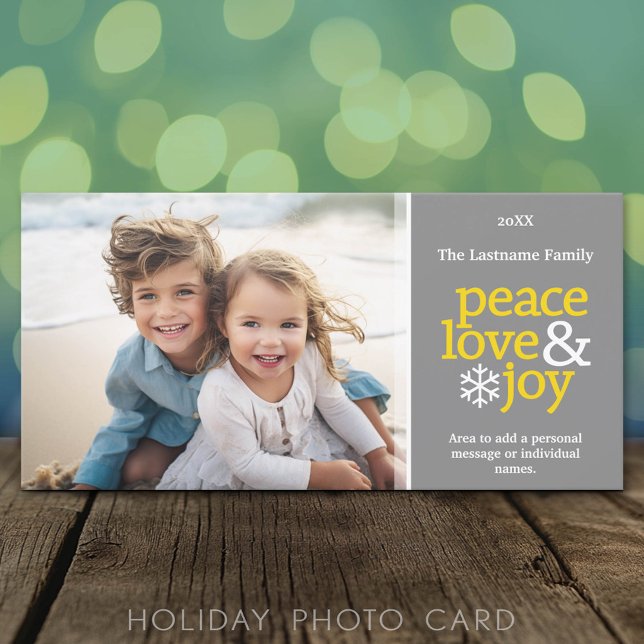 Cartes Pour Fêtes Annuelles Peace Love Joy - Photo - jaune gris (Classic Holiday Photo Card)