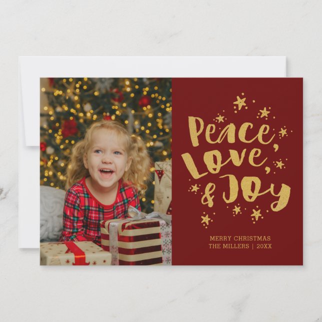 Cartes Pour Fêtes Annuelles Peace Love Joy Photo Red Gold Christmas Card (Devant)
