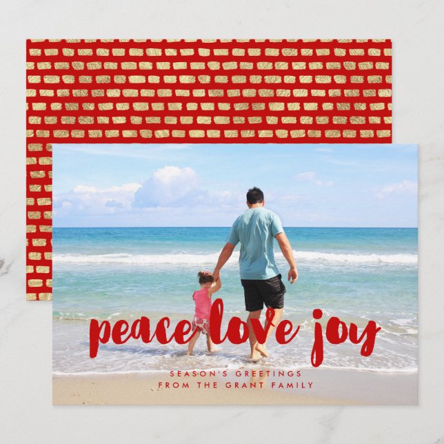 Cartes Pour Fêtes Annuelles Peace Love Joy Red Christmas Family Photo (Devant / Derrière)
