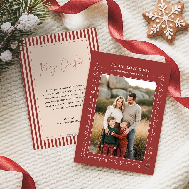Cartes Pour Fêtes Annuelles Peace Love & Joy Red Family Photo Christmas (Créateur téléchargé)