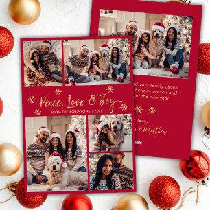 Cartes Pour Fêtes Annuelles Peace Love Joy Red Gold Photo Collage Noël