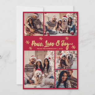 Cartes Pour Fêtes Annuelles Peace Love Joy Red Gold Photo Collage Noël