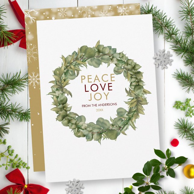 Cartes Pour Fêtes Annuelles Peace Love Joy Verdure Wreath Noël (Peace Love Joy Greenery Wreath Christmas Holiday Card)