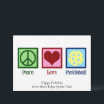 Cartes Pour Fêtes Annuelles Peace Love Pickleball Cute personnalisable<br><div class="desc">Peace Love Pickleball carte de vacances pour un joueur de pickle ball avec un joli signe de paix,  coeur,  et une balle jaune pour le sport. Personnalisez avec votre propre message Happy Holidays pour les jolies cartes de Noël des clubs sportifs.</div>