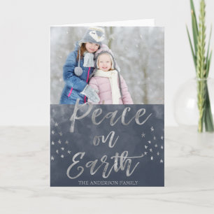 Cartes Pour Fêtes Annuelles Peace on Earth Blue and Silver Watercolor Photo