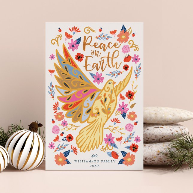 Cartes Pour Fêtes Annuelles Peace on Earth Dove Floral Folal Art Blanc (Peace on Earth Dove Floral Folk Art White Holiday Card)