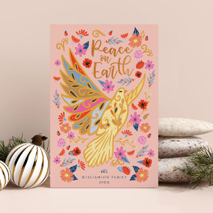 Cartes Pour Fêtes Annuelles Peace on Earth Dove Floral Folal Art Blush Pink