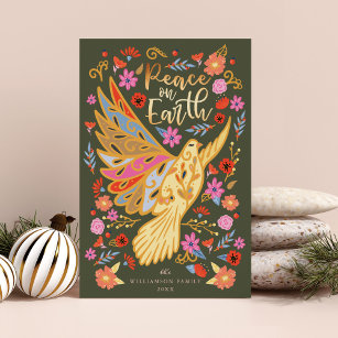 Cartes Pour Fêtes Annuelles Peace on Earth Dove Floral Folal Art Earthy Green