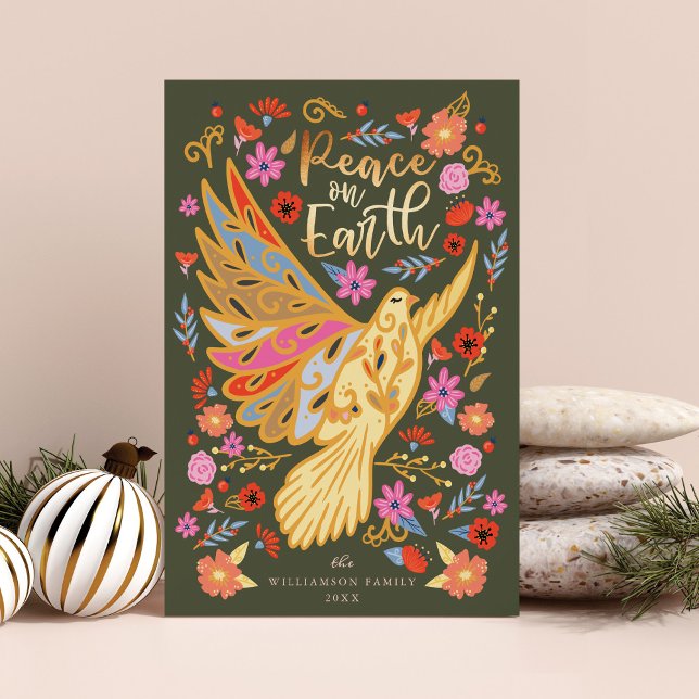 Cartes Pour Fêtes Annuelles Peace on Earth Dove Floral Folal Art Earthy Green (Peace on Earth Dove Floral Folk Art Earthy Green Holiday Card)