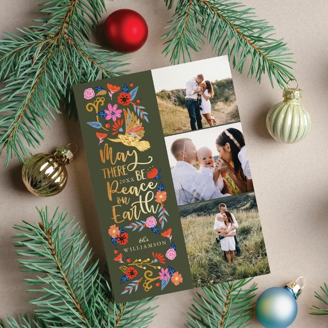 Cartes Pour Fêtes Annuelles Peace on Earth Dove Floral Folal Art Green Photo (Peace on Earth Dove Floral Folk Art Green Photo Holiday Card)