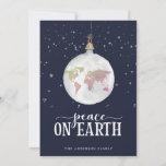 Cartes Pour Fêtes Annuelles Peace on Earth Globe Ornament Blue<br><div class="desc">Peace on Earth watercolor world globe ornament,  blue holiday card. Card features,  falling snow accents,  watercolor globe ornament and festive lettering. Template provides text lines for your family name on front with lines for your message,  names and year on back.</div>