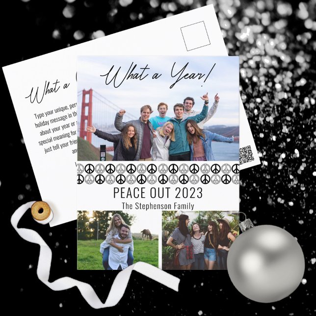Cartes Pour Fêtes Annuelles Peace Out 2023 What A Year 3 Photo Collage - BW (Simple minimalist peace signs "Peace Out 2023" "What a Year!" black and white photo holiday postcard)