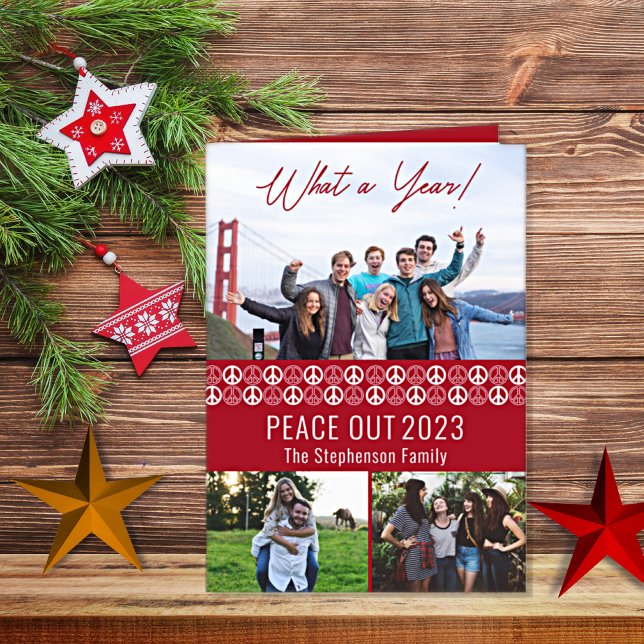 Cartes Pour Fêtes Annuelles Peace Out 2023 What A Year 3 Photo Collage - Rouge (Peace Out 2023 -- What A Year!   Greet your friends and family in unique style.  Peace Sign design  )
