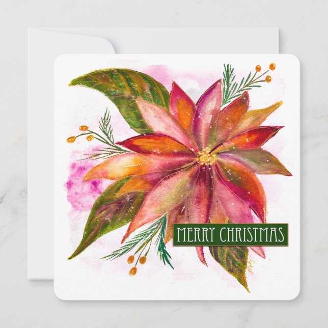 Cartes Pour Fêtes Annuelles PEACE POINSETTIA Joyeux Noël aquarelle plat (Devant)