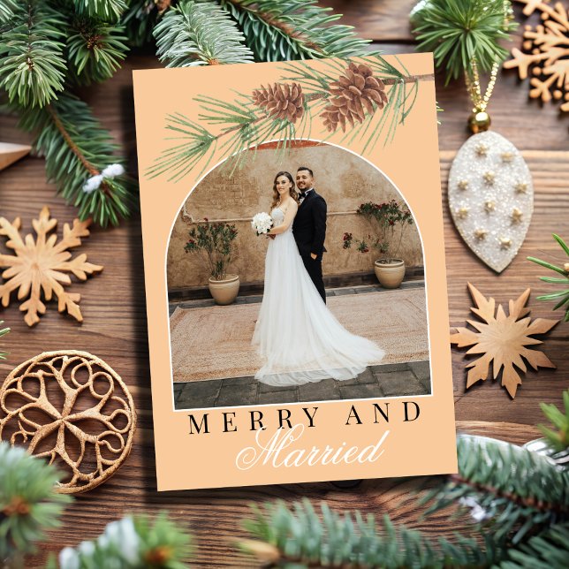 Cartes Pour Fêtes Annuelles Peach Winter Pine Merry & Married Photo Christmas (Créateur téléchargé)