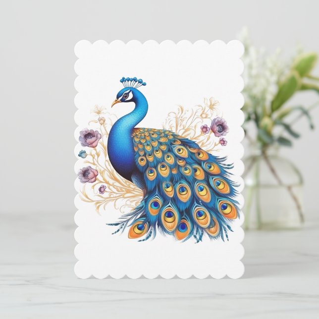 Cartes Pour Fêtes Annuelles Peacock Avec Fleurs Violettes (Debout devant)