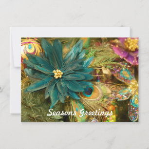 Cartes Pour Fêtes Annuelles Peacock Feather Poinsettia Flat Christmas Card
