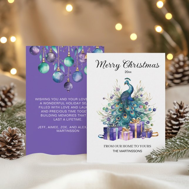 Cartes Pour Fêtes Annuelles Peacock Joyeux Noël violet bleu Turquoise (Peacock Christmas greeting card)