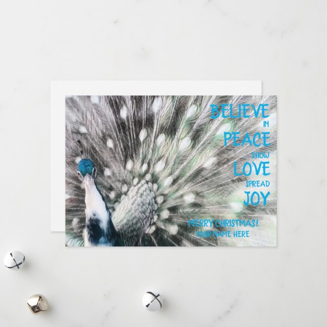 Cartes Pour Fêtes Annuelles Peacock - PAIX, AMOUR, JOY Flat Holiday Card (Devant/Arrière en situation)