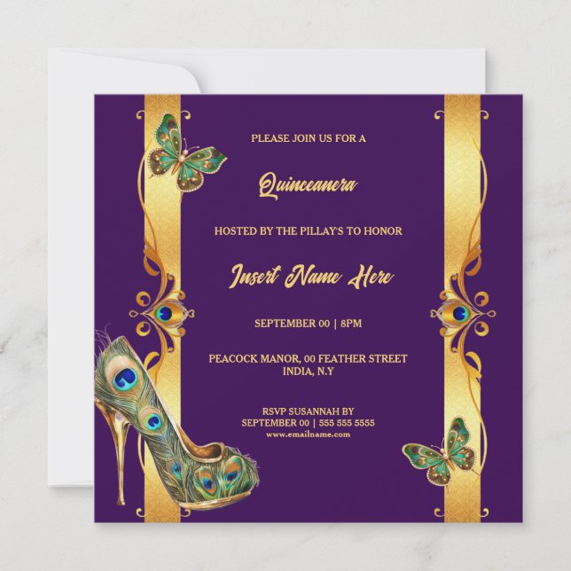 Cartes Pour Fêtes Annuelles Peacock Quinceañera gold purple glam feathers (Devant)