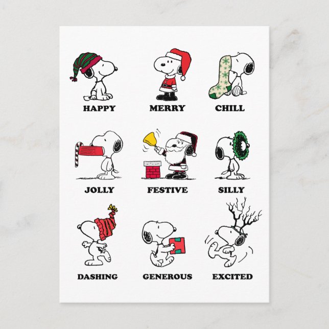 Cartes Pour Fêtes Annuelles Peanuts | Humeurs de Noël de Snoopy (Devant)