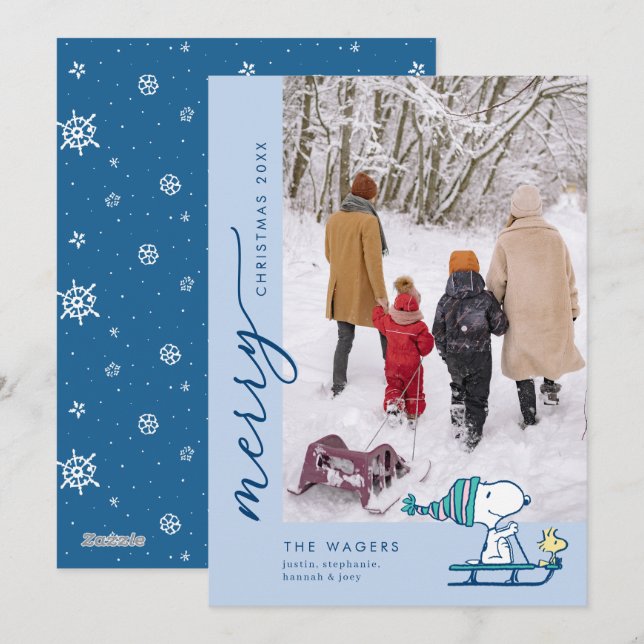 Cartes Pour Fêtes Annuelles Peanuts Snoopy & Woodstock en traîneau (Devant / Derrière)