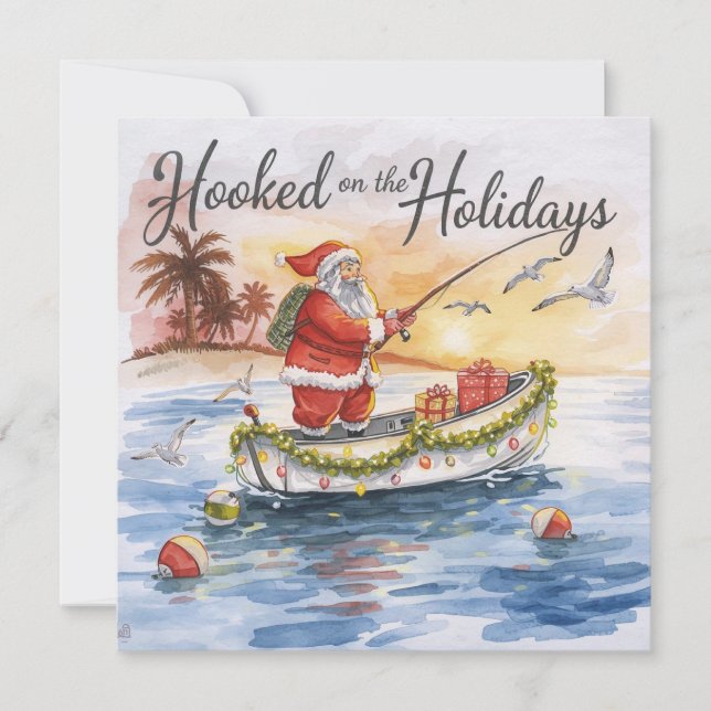 Cartes Pour Fêtes Annuelles Pêche "Hooked on Holidays" avec Santa Claus (Devant)
