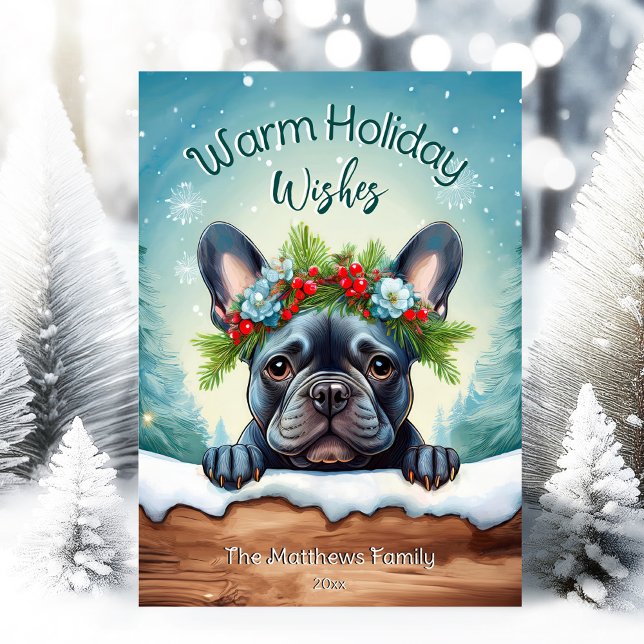 Cartes Pour Fêtes Annuelles Peeing French Bulldog mignon Noël animal Portrait (Adorable Winter Snowy Scene With Peeking Dogs or Farm/Woodland Animals - Over 50 to Choose From!)