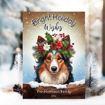 Cartes Pour Fêtes Annuelles Peeking Collie Bright Wives Winter Pet Portrait<br><div class="desc">Cette adorable carte de voeux de vacances présente une jolie illustration de Collie portant une couronne festive de fleurs d'hiver, de saints, de pins et de baies, avec des flocons de neige tombant doucement contre un ciel bleu neigeux. Le petit Collie survole le rond enneigé pour dire bonjour ! Le...</div>