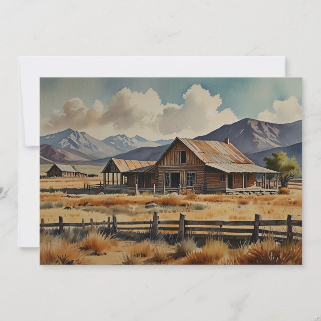 Cartes Pour Fêtes Annuelles Peinture à l'aquarelle de la ferme ranch de l'Oues (Devant)