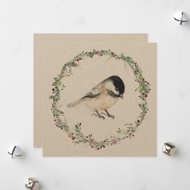 Cartes Pour Fêtes Annuelles Peinture d'aquarelle de poulet minuscule de vacanc (Holiday Tiny Chickadee Watercolor Painting from Jenn's Emporium. )