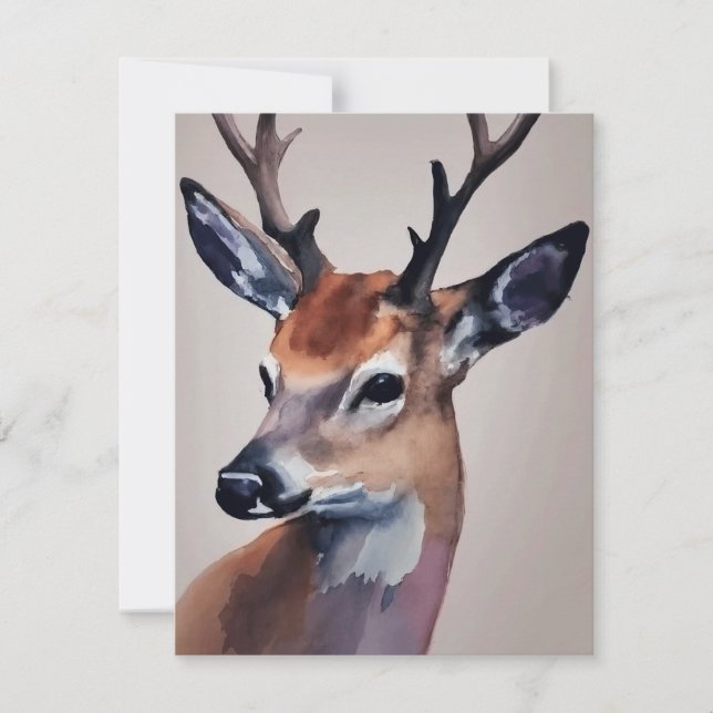 Cartes Pour Fêtes Annuelles Peinture d'aquarelle Wild Deer Portrait, Cerf (Devant)