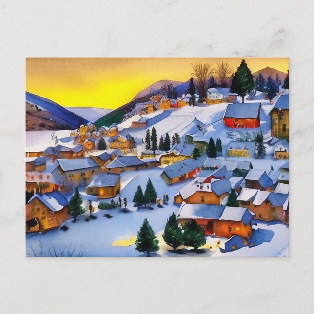 Cartes Pour Fêtes Annuelles Peinture de village en Neige à l'aube (Devant)