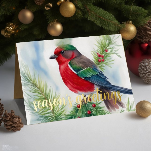 Cartes Pour Fêtes Annuelles Peinture d'oiseau rouge et vert d'hiver (Créateur téléchargé)