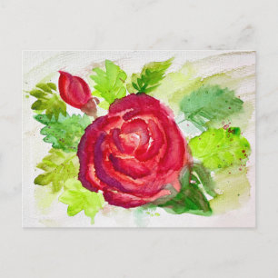 Cartes Pour Fêtes Annuelles Peinture florale à l'aquarelle Rose rouge en fleur