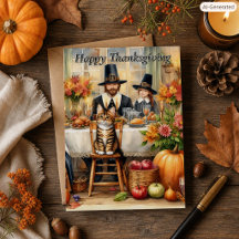 Pèlerins et leur chat Joyeux Thanksgiving