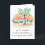 Cartes Pour Fêtes Annuelles Pélicans et Palm Tree Beach Noël côtier<br><div class="desc">La carte de Noël côtière présente deux pélicans qui se foulent les ailes en joie en voyant un palmier de Noël et des cadeaux sur la plage. Salutation sur le devant dit "Bonne bouchée pour Noël et une bonne année". Le salut à l'intérieur dit "Seas & Greutations". Tout le texte...</div>