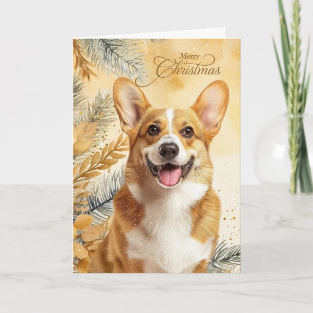 Cartes Pour Fêtes Annuelles Pembroke Welsh Corgi Dog and Golden Pines (Devant)