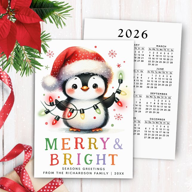 Cartes Pour Fêtes Annuelles Penguin 2026 Calendrier Joyeux et brillant Noël (Merry and Bright Greeting Card with a Cute Penguin Holding Christmas Lights)