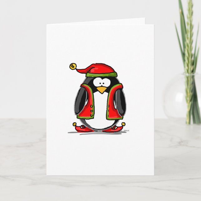 Cartes Pour Fêtes Annuelles Penguin Elf de Noël Vert (Devant)