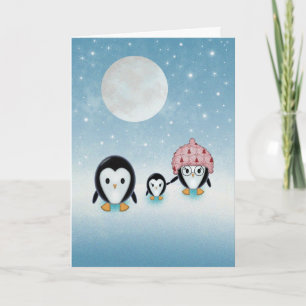 Cartes Pour Fêtes Annuelles Penguin Famille étoile Nuit et Pleine lune