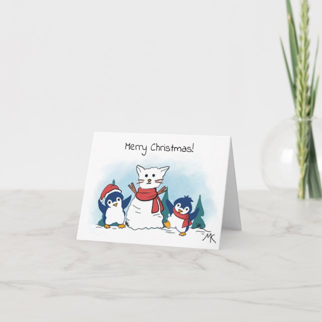 Cartes Pour Fêtes Annuelles Penguins building a cat snowman winter (Devant)