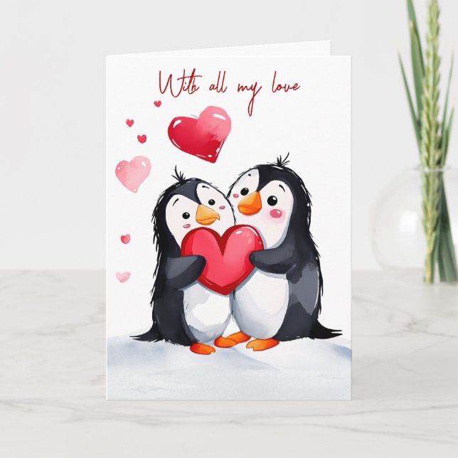 Cartes Pour Fêtes Annuelles Penguins Saint-Valentin aux Coeurs rouges (Devant)