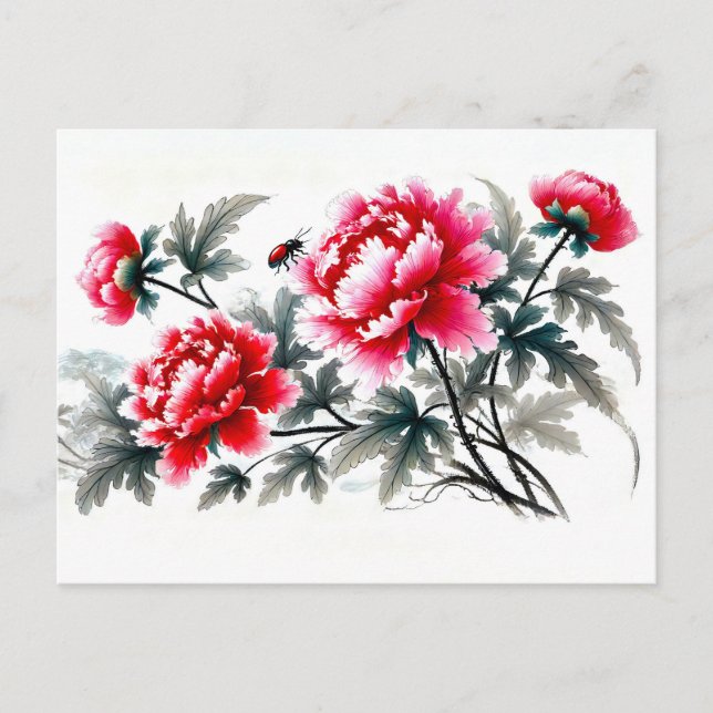 Cartes Pour Fêtes Annuelles Peonies en peinture d'encre d'Asie Rouge (Devant)